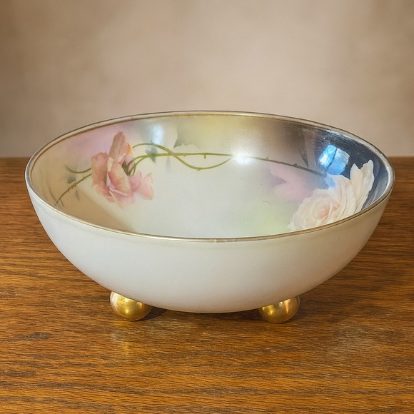 Royal Rudolstadt Prussia Gold Trim Footed Porcelain Bowl Roses Antique 8.5” - Picture 2 of 12